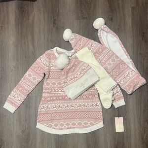 Pink and White Knit Sweater Dress with Tights, Hat and Scarf Set 5/6